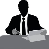 Silhouette illustration of a businessman working on his cellphone and tablet